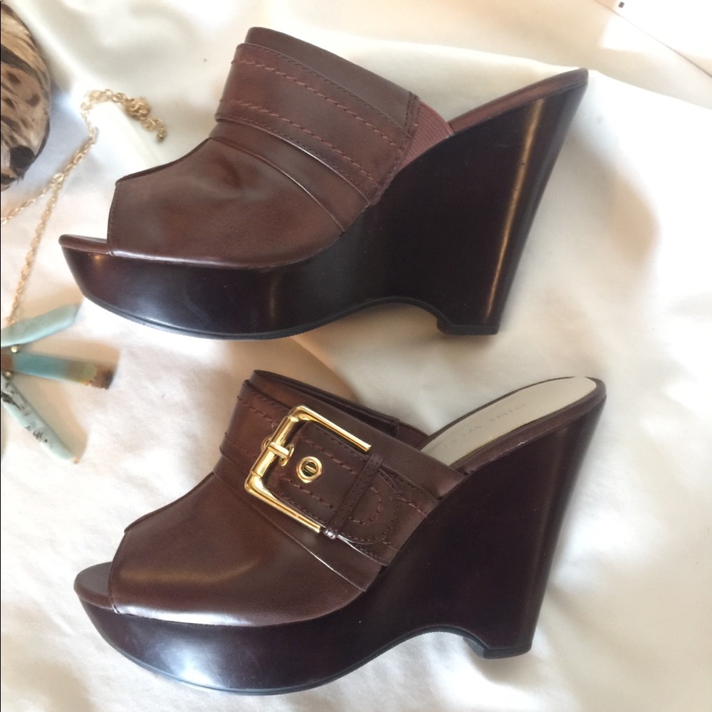 Nine West Brown Leather Platform Wedges, Size 7